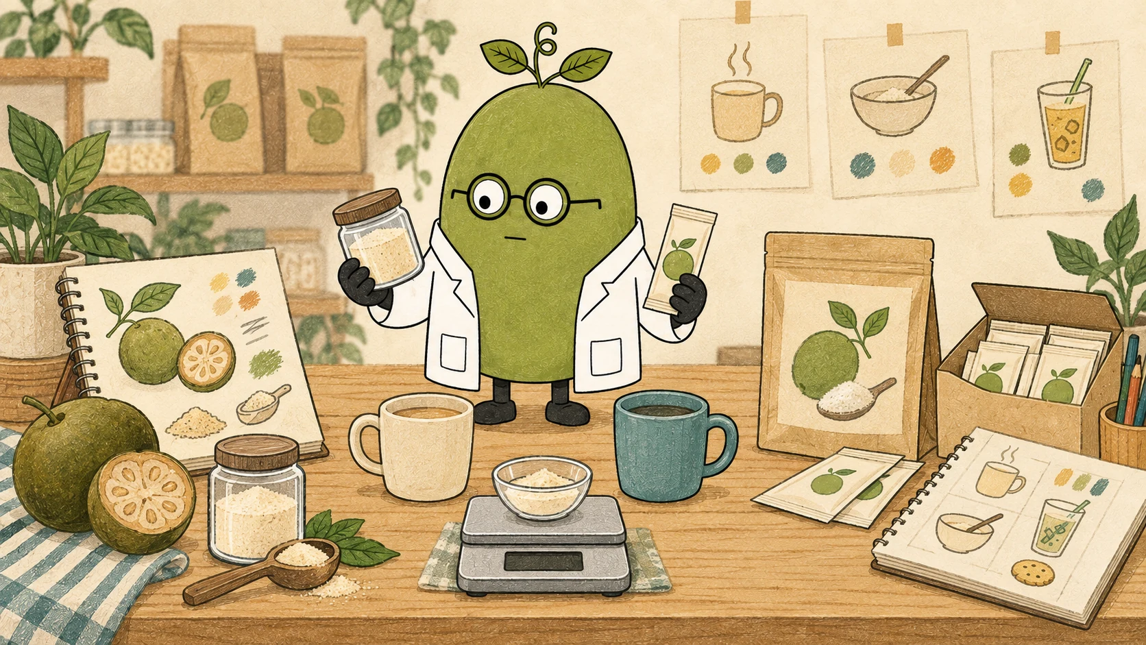 Monk Fruit Doctor holding an ingredient jar and a retail stick pack beside cups, a scale and pouches; product forms are illustrative, not verified compositions or recommended doses.