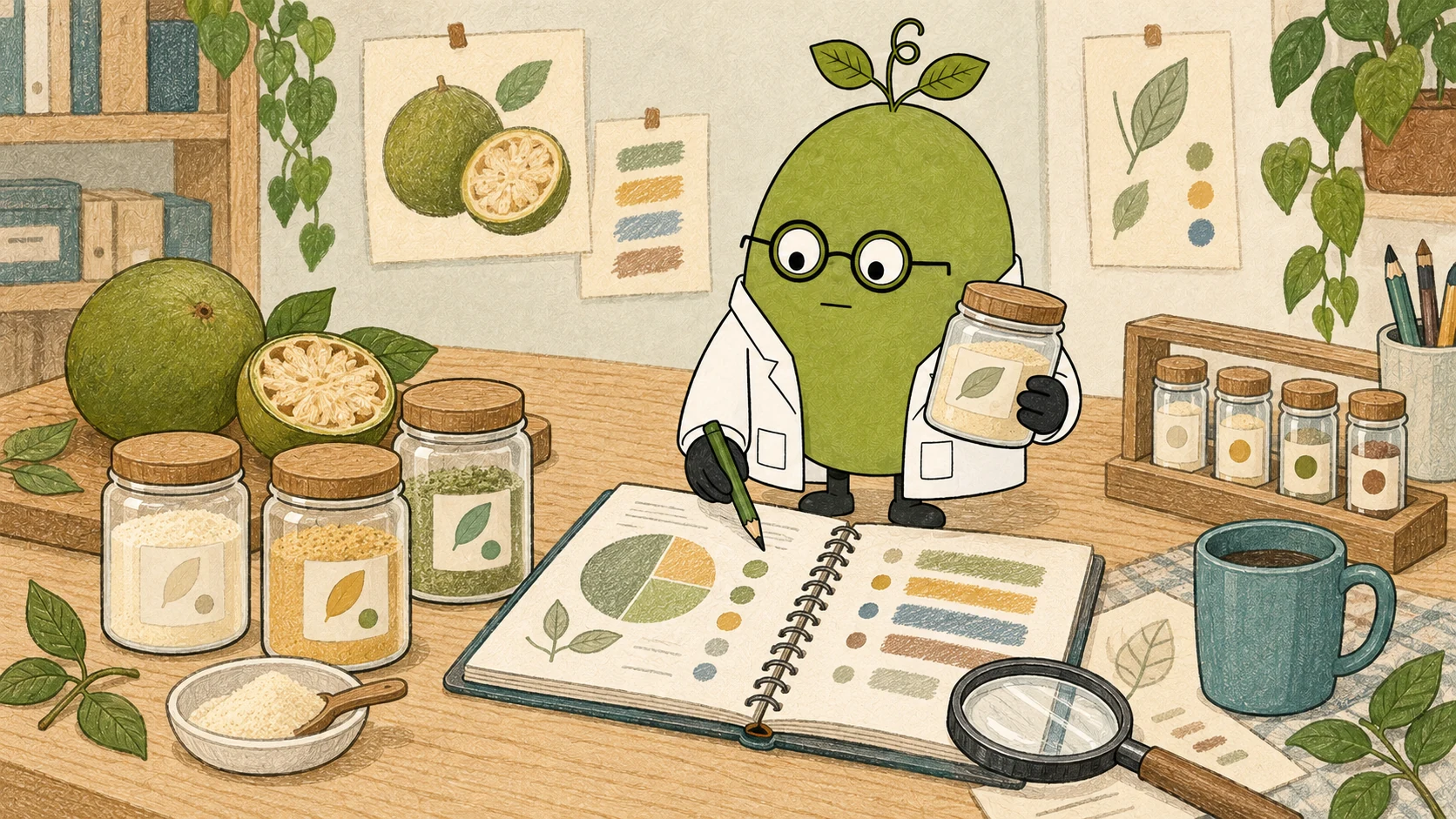 Monk Fruit Doctor comparing extract sample jars and conceptual composition sketches while reviewing monk fruit specifications.