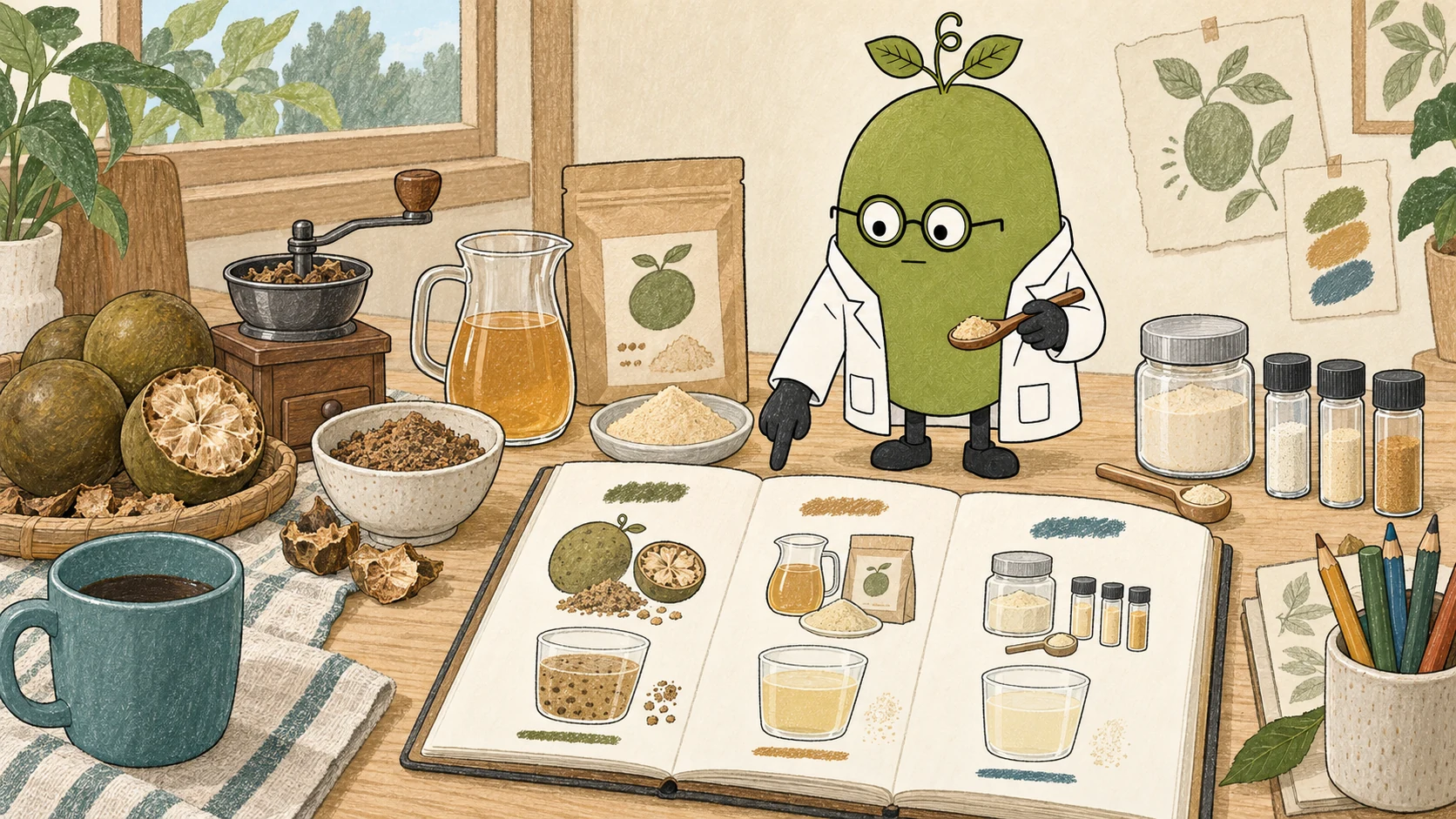 Monk Fruit Doctor comparing directly ground fruit, juice-derived powder and extract; sketched drink clarity, powder colors and jars are illustrative rather than batch results or equivalent doses.