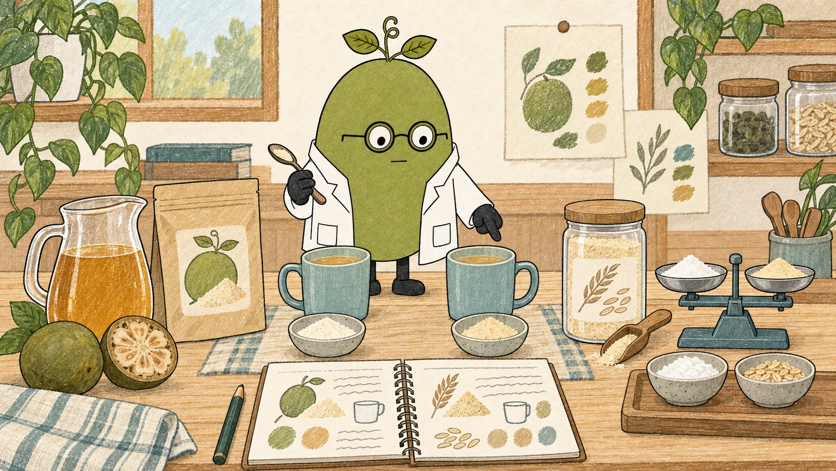 Monk Fruit Doctor comparing juice powder and a possible carrier, two prepared drinks, a weighing balance and composition notes.