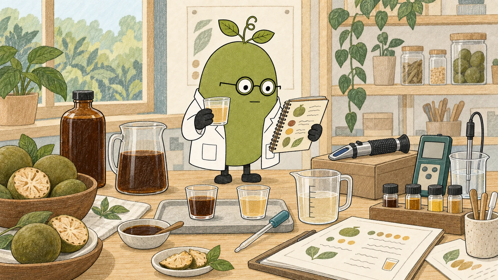 Monk Fruit Doctor inspecting differently coloured liquid samples with a refractometer, meter and notebook; illustrative appearances and instruments, not measured results or proof of sugar-free composition.