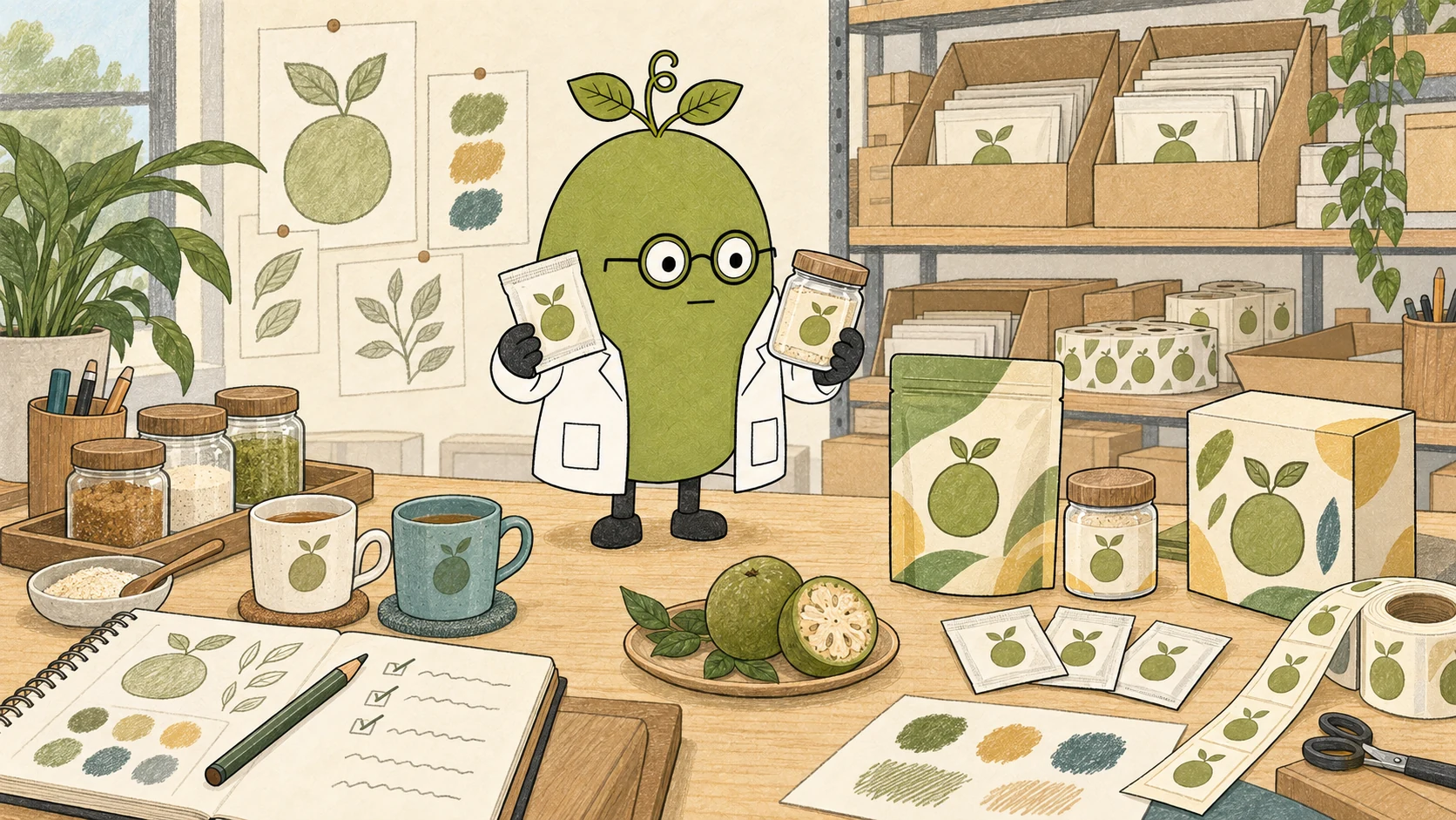 Concept scene of Monk Fruit Doctor comparing jars, pouches, sachets and label rolls for an OEM project; these are format ideas, not confirmed pack sizes, approved artwork or certification.