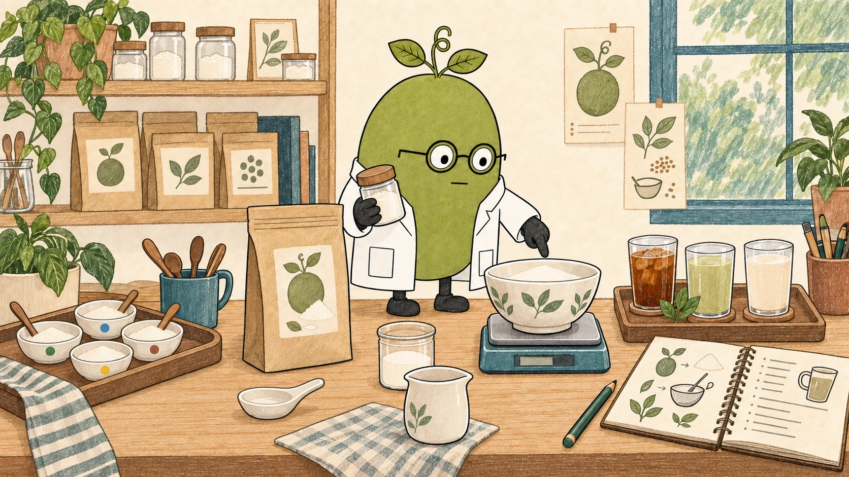 Monk Fruit Doctor compares a powder sample, a weighing bowl and three drinks to illustrate checking a sweetener blend in its intended application before production.