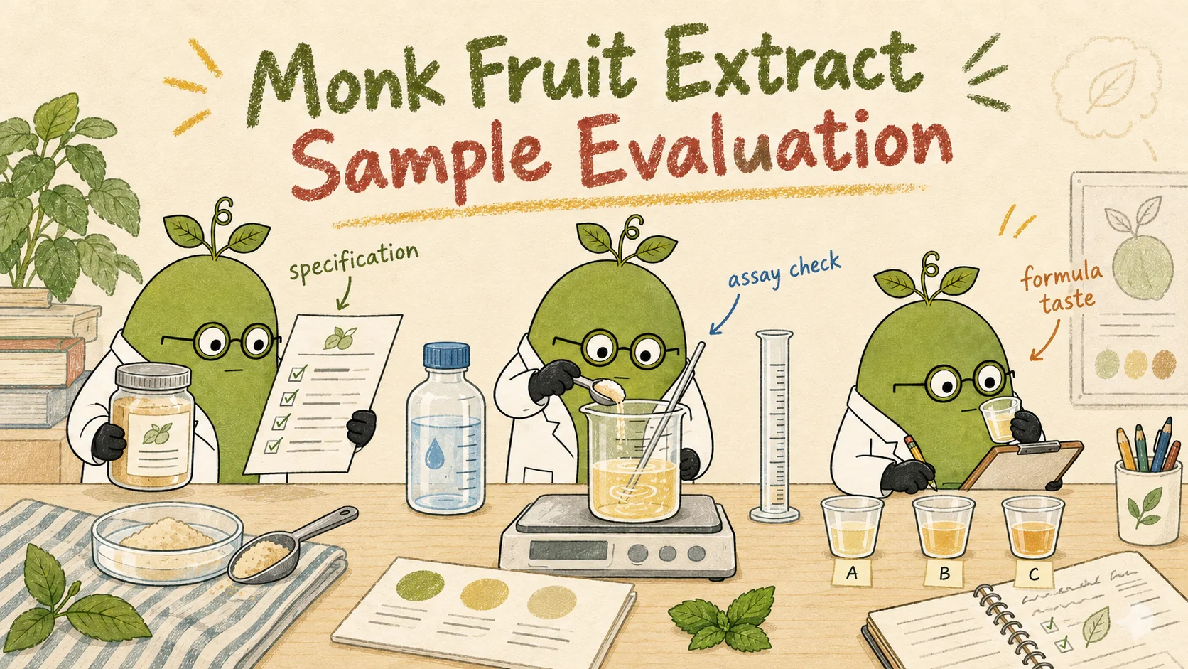 Three Monk Fruit Doctors reviewing an extract specification sheet, preparing a sample and comparing coded tasting cups; conceptual sample-evaluation illustration.