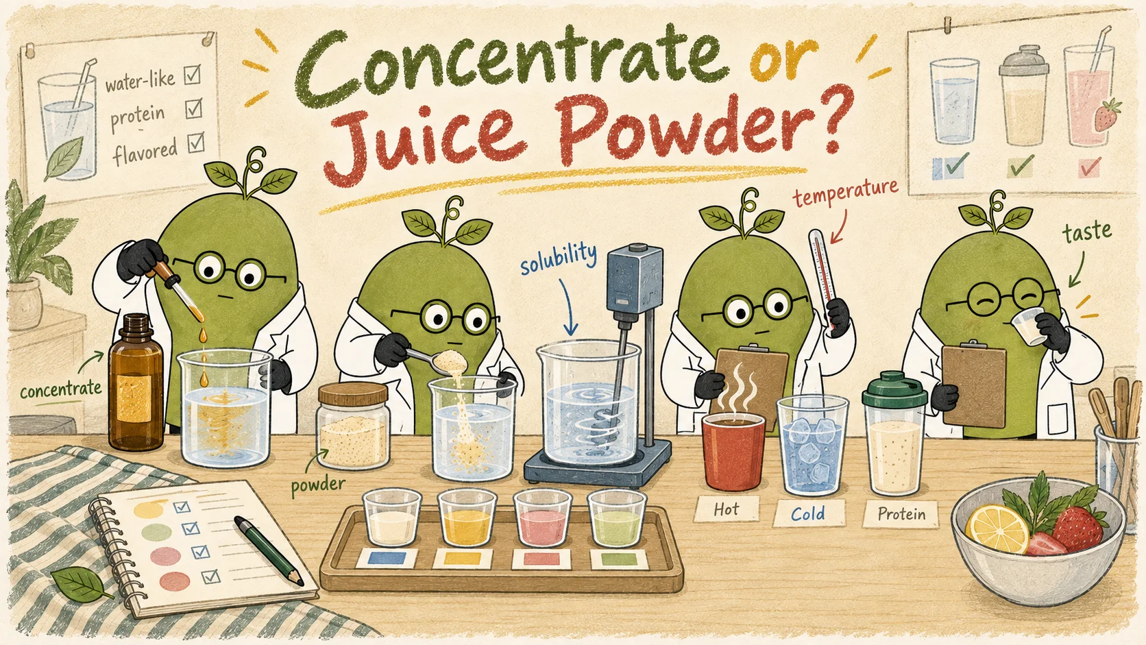Monk Fruit Doctor team comparing liquid concentrate and juice powder by mixing, hot and cold tasting, and checks in water-like, protein and flavoured drinks.