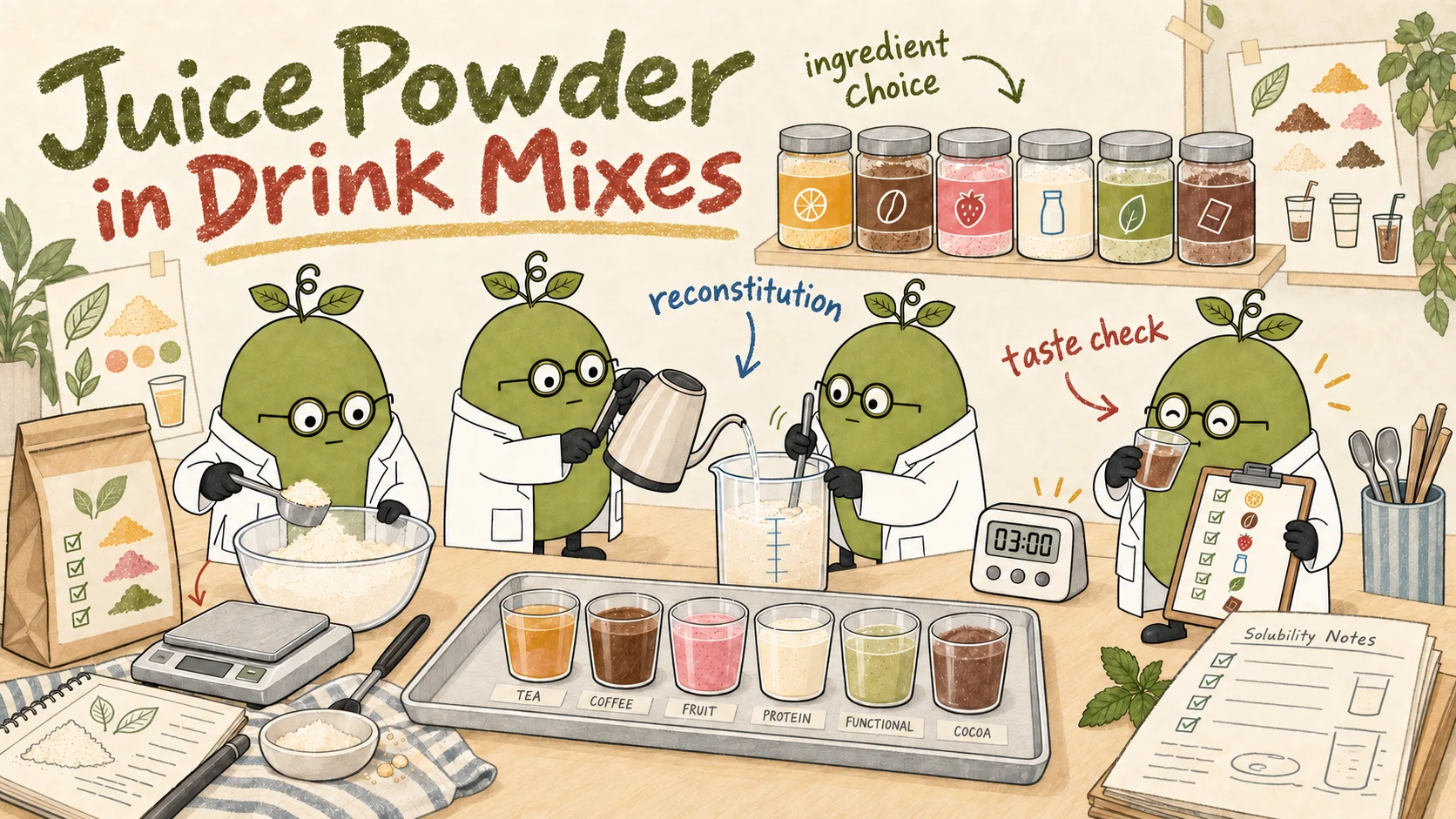 Monk Fruit Doctor team weighing a drink mix, adding water, stirring and tasting tea, coffee, fruit, protein, functional-ingredient and cocoa drinks; the timer is illustrative.
