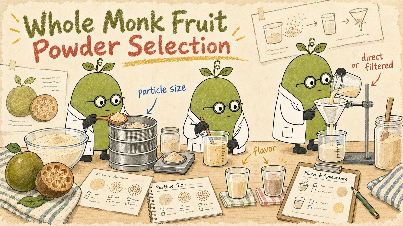 Monk Fruit Doctor compares sieving, direct mixing and filtration for whole monk fruit powder; drawn particles, filters and cups are schematic, not measured particle-size or clarity results.