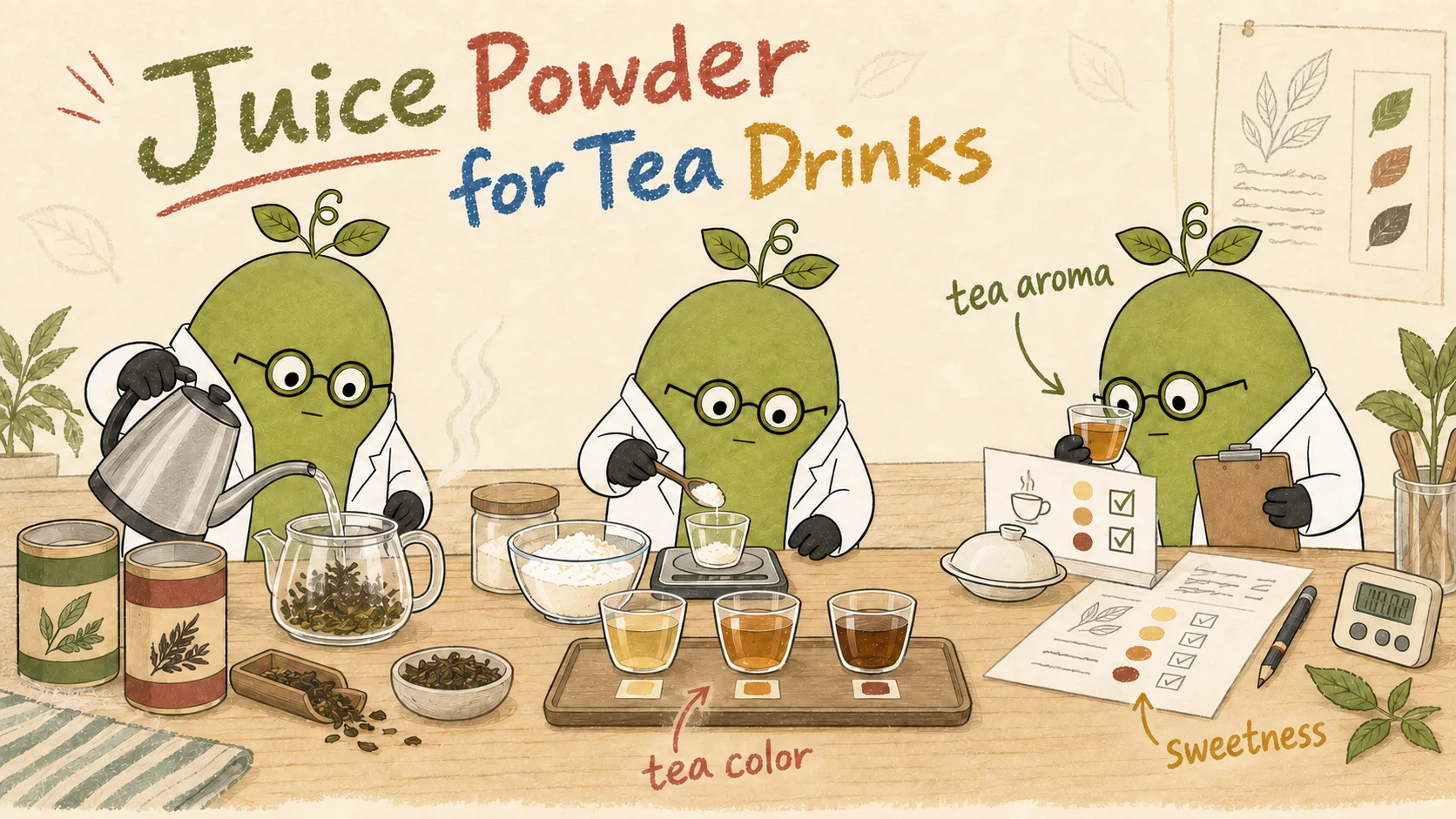 Monk Fruit Doctor team preparing a tea base, weighing juice powder, comparing cup colour, and recording tea aroma and sweetness separately.