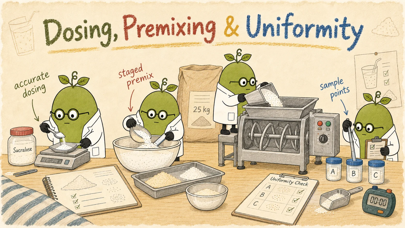 Illustrated sucralose weighing and staged premixing, a 25kg ingredient bag, a mixer and A/B/C sample jars; these are process illustrations rather than batch-uniformity measurements.