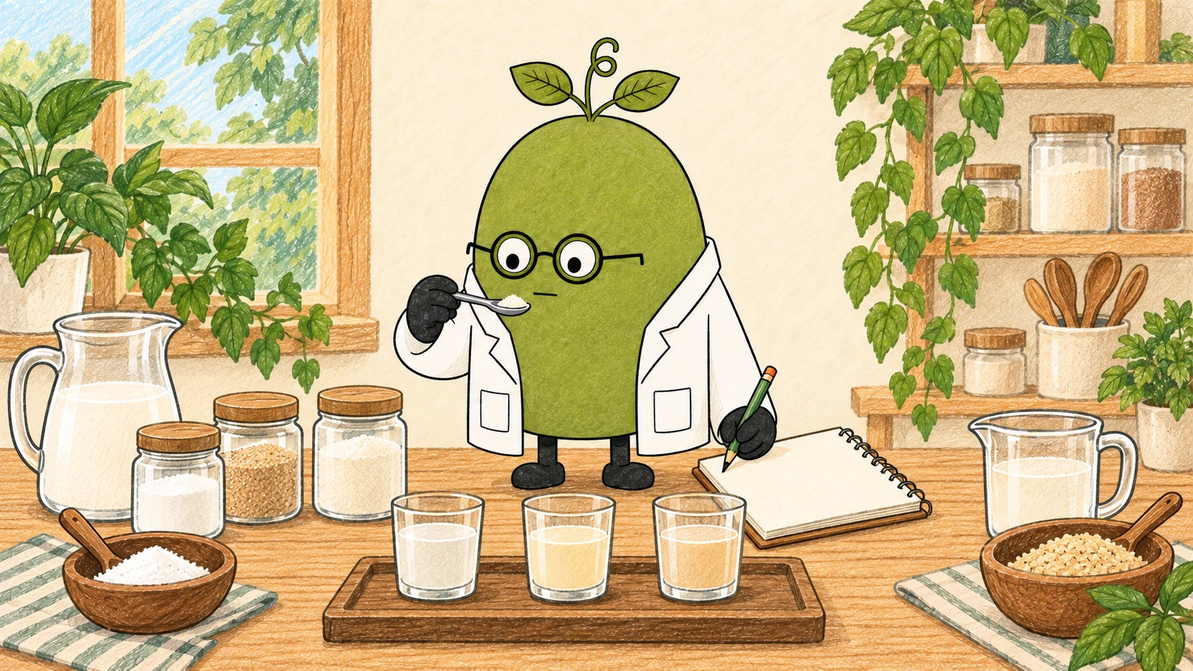 Illustrated beverage comparison with three unlabelled drinks, powder jars, milk-like jugs and a doctor with a spoon and notebook; no measured formulation or storage result is shown.