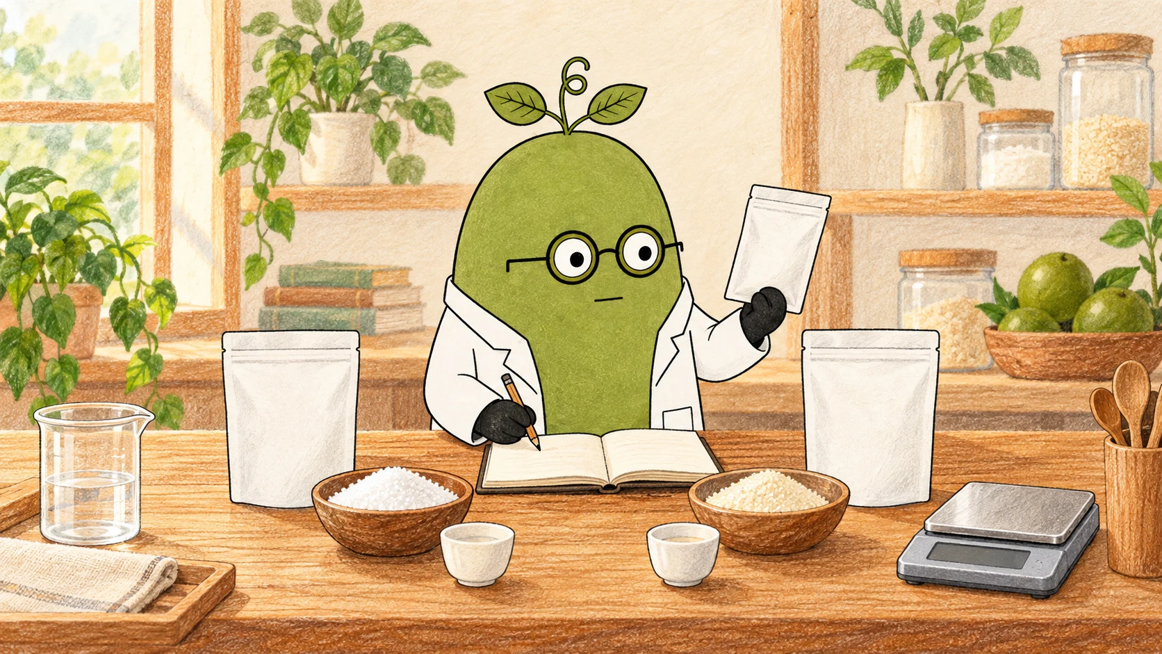 Illustrated ingredient comparison bench with unlabelled pouches, two powder bowls, two cups, a beaker, a balance and a notebook; the drawing does not identify pure sucralose or a particular blend.