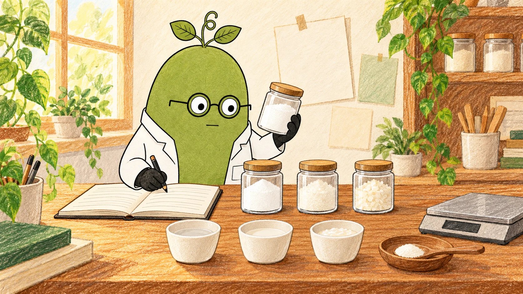 Illustrated stevia-selection bench with unlabelled powder jars, three preparation cups, a balance and an open notebook; appearance does not establish glycoside composition, assay content or production route.