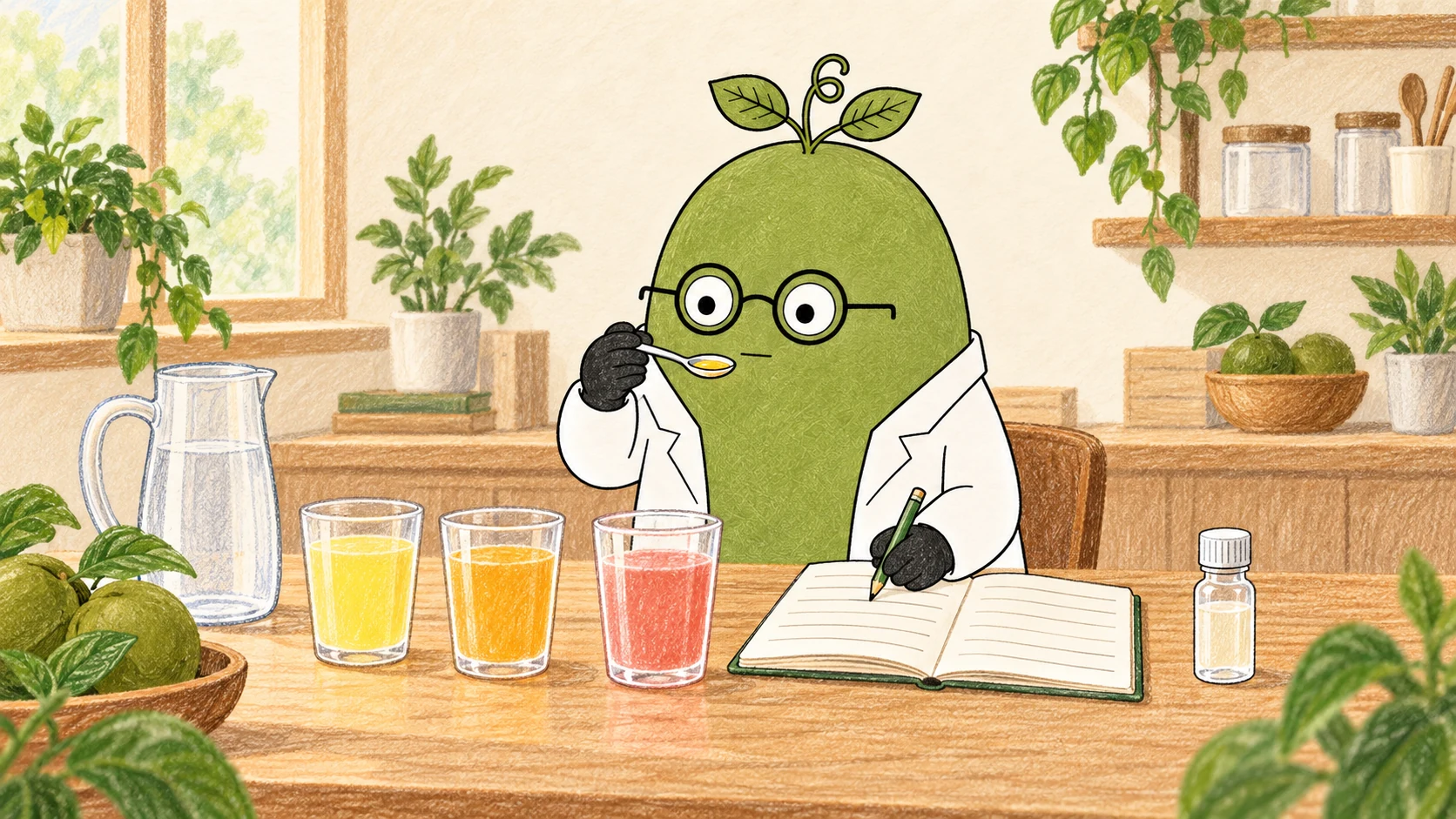 Drawn Monk Fruit Doctor tastes three fruit drinks and records observations; the glass colors, spoon and notebook illustrate a comparison, not measured performance of a stevia grade.