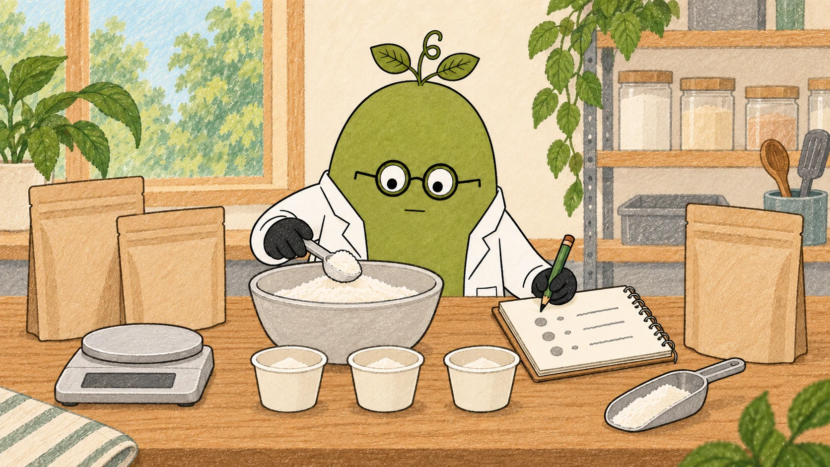Illustrated powder-premix bench with a spoon over a mixing bowl, a balance, three powder cups, unlabelled pouches and a notebook; the props do not show quantitative blend-uniformity results.