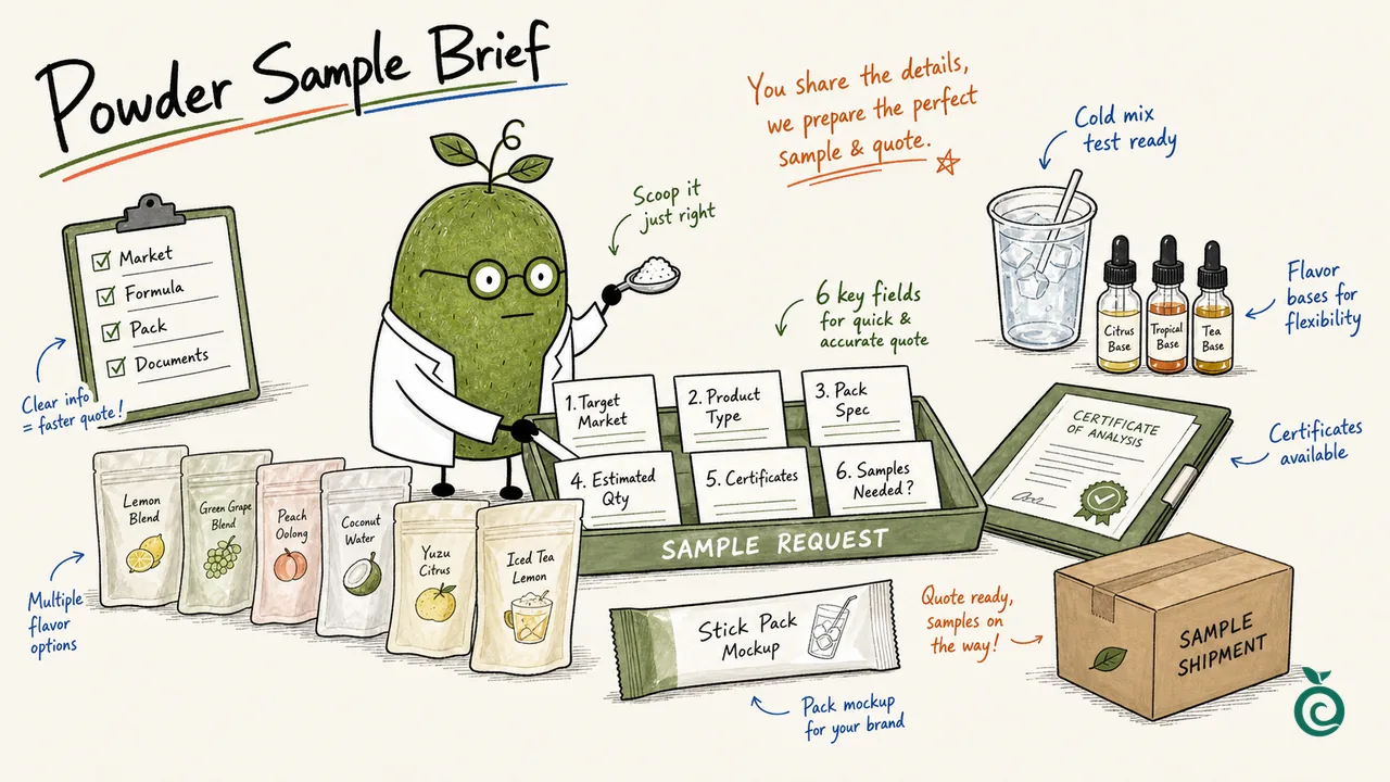 Ian Xiaohei illustration about preparing a beverage powder sweetener blend sample request and quotation brief.