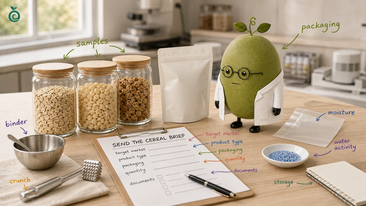 Ian Xiaohei illustration about preparing granola, cereal and cluster sweetener blend sample details before quotation.