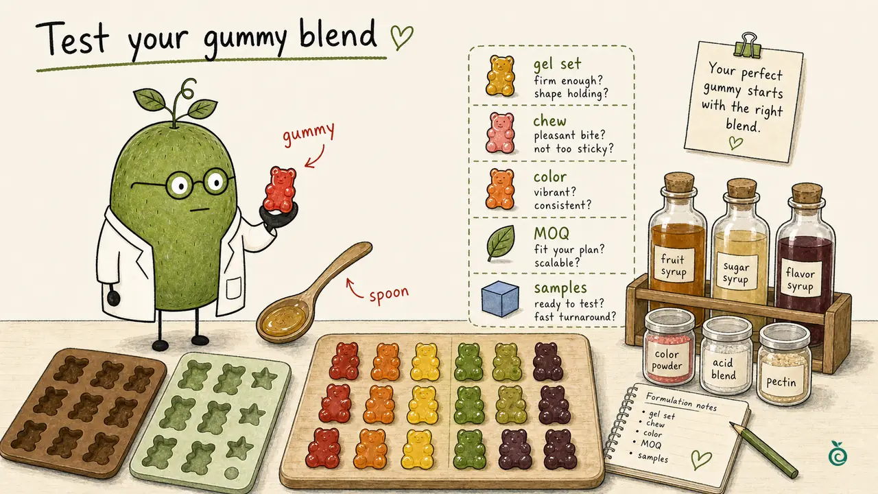 Ian Xiaohei illustration about preparing gummy sweetener blend sample details before quotation.