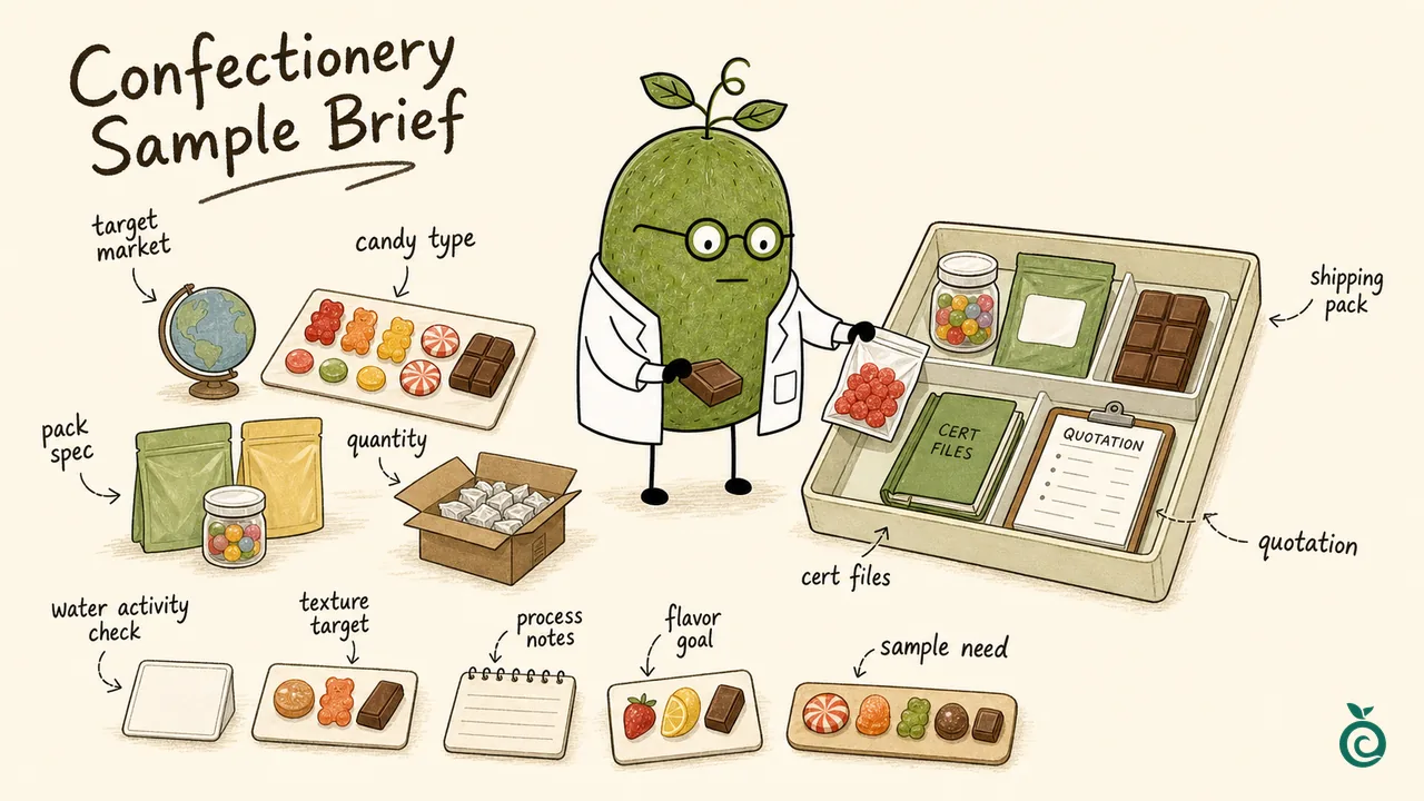 Ian Xiaohei illustration about preparing a hard candy and confectionery sweetener blend sample request.