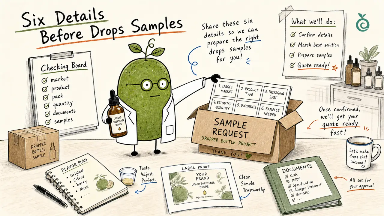Ian Xiaohei illustration about organizing six buyer fields for a liquid sweetener drops private-label sample request.