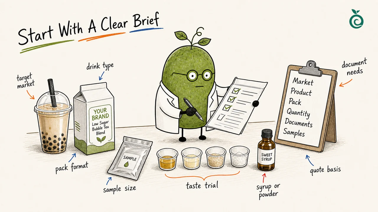 Ian Xiaohei illustration about preparing a complete low-sugar bubble tea sweetener blend sample brief.