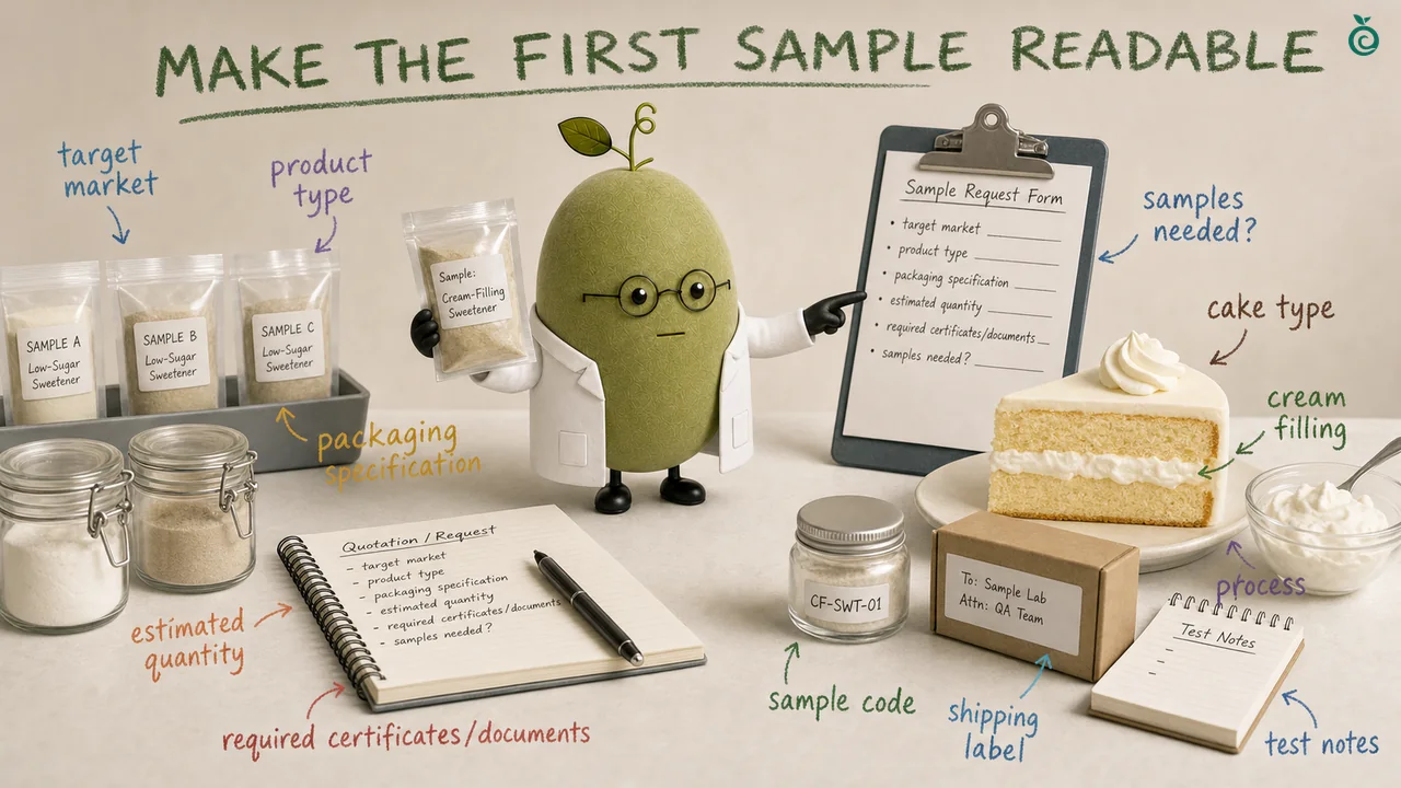 Green Monk Fruit Doctor Xiaohei preparing a low-sugar cake and cream filling sample brief with six buyer fields and storage checks.