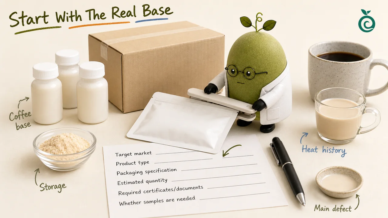 Green Monk Fruit Doctor Xiaohei preparing a coffee-creamer buyer brief with real-base, heat-history and six required inquiry-field notes.
