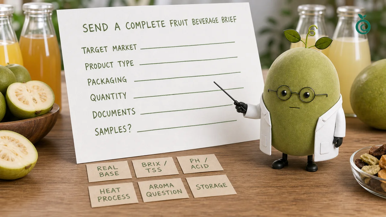 Green Monk Fruit Doctor Xiaohei preparing a low-sugar fruit beverage sample brief with real-base, Brix, acidity, heat, aroma, storage and buyer-field notes.