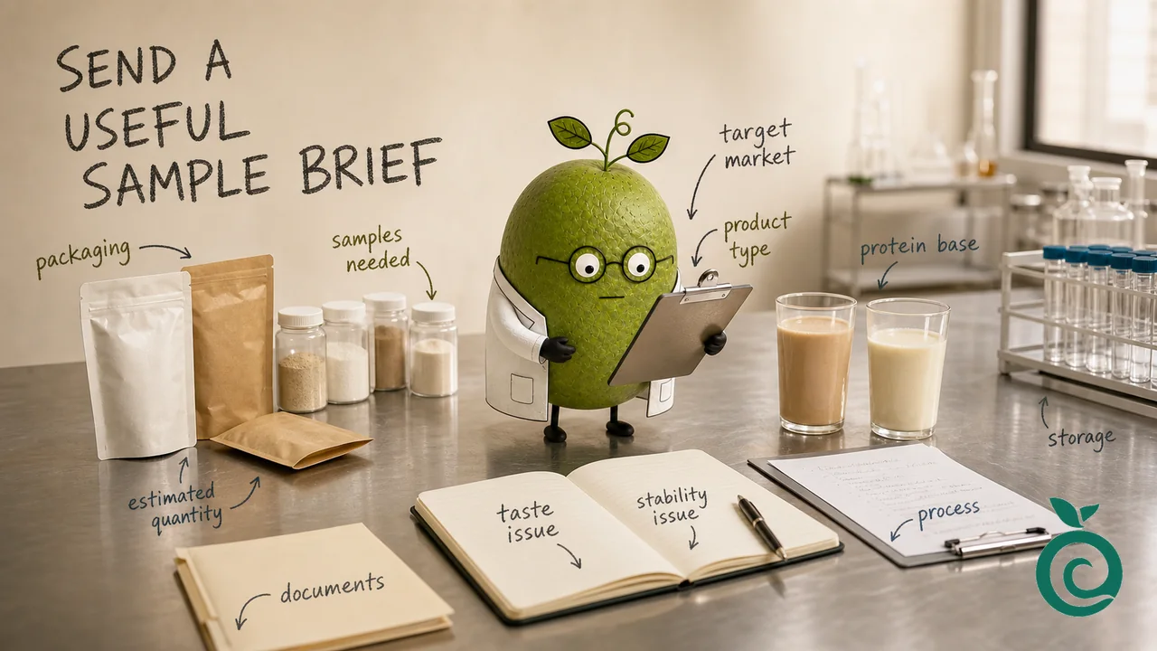 Green Monk Fruit Doctor Xiaohei preparing a low-sugar protein beverage sweetener and stability sample request.