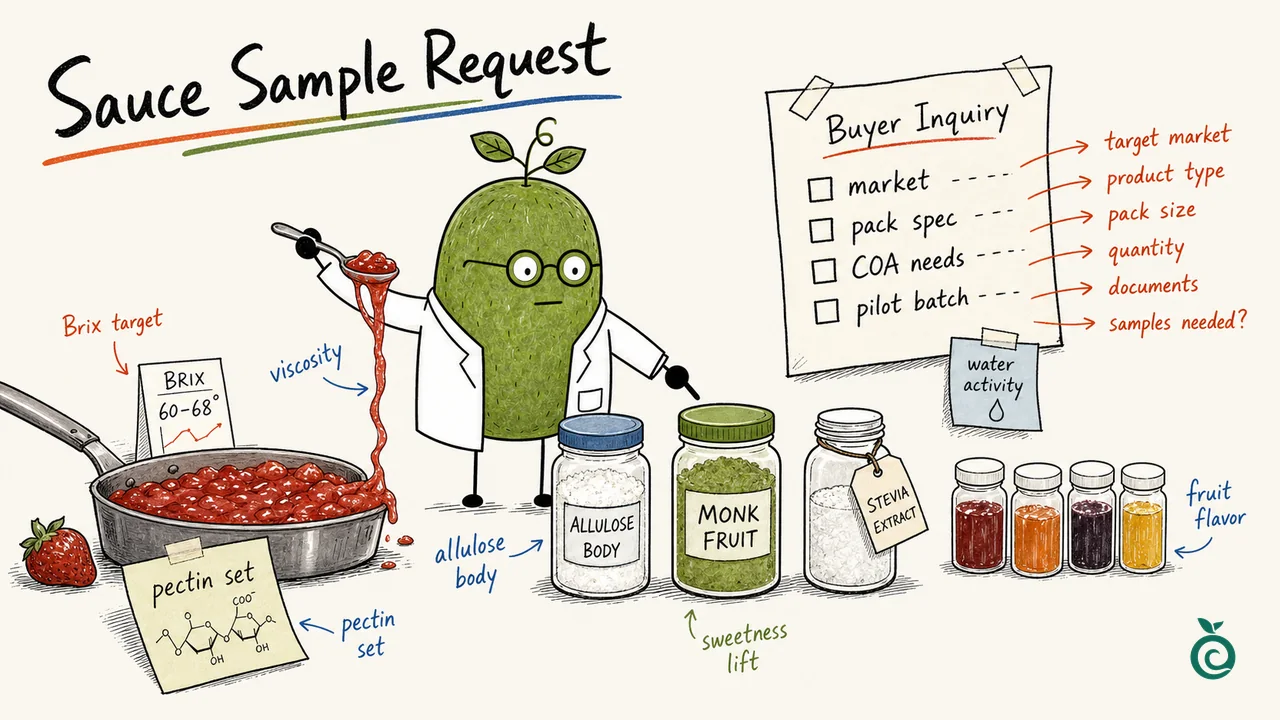 Ian Xiaohei illustration about preparing a low-sugar sauce and fruit preparation sweetener blend sample request.