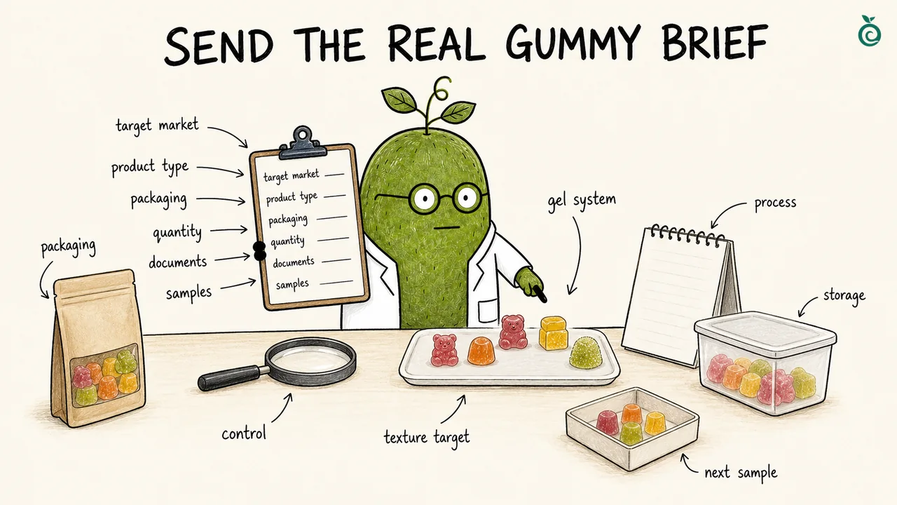 Green Monk Fruit Doctor Xiaohei preparing a six-field reduced-sugar gummy sweetener blend sample brief.