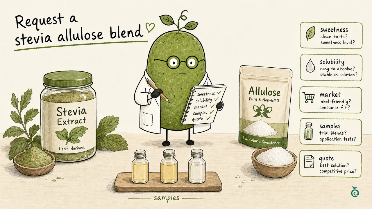 Ian Xiaohei illustration about moving a stevia allulose blend inquiry from project fields to sample and quotation.