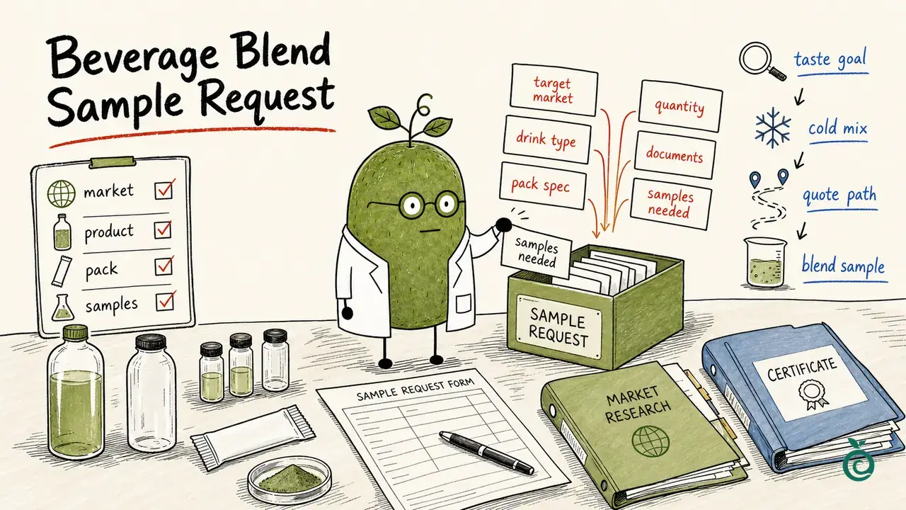 Ian Xiaohei illustration about sorting buyer fields for a stevia monk fruit beverage blend sample request.