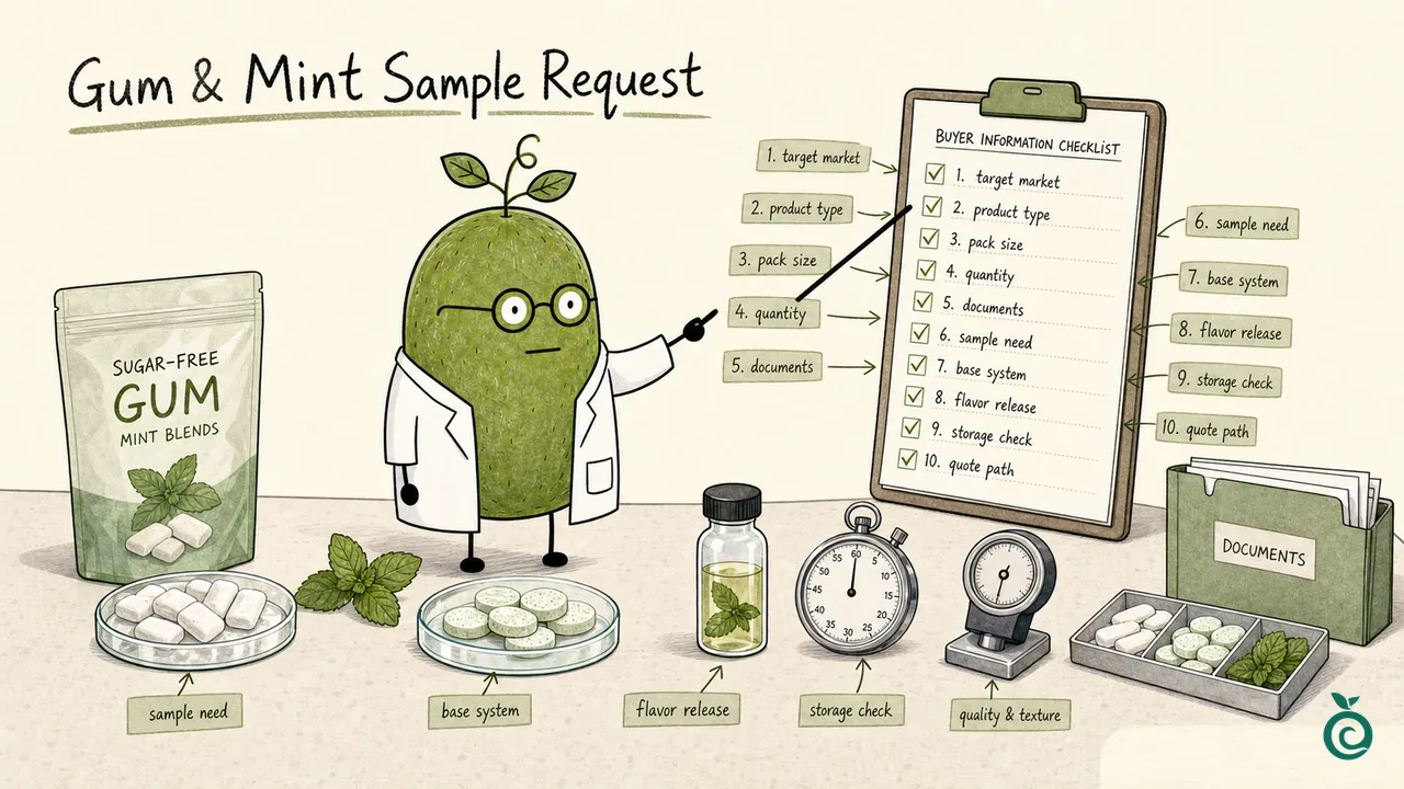 Ian Xiaohei illustration about preparing a sugar-free gum and mint sweetener blend sample request.