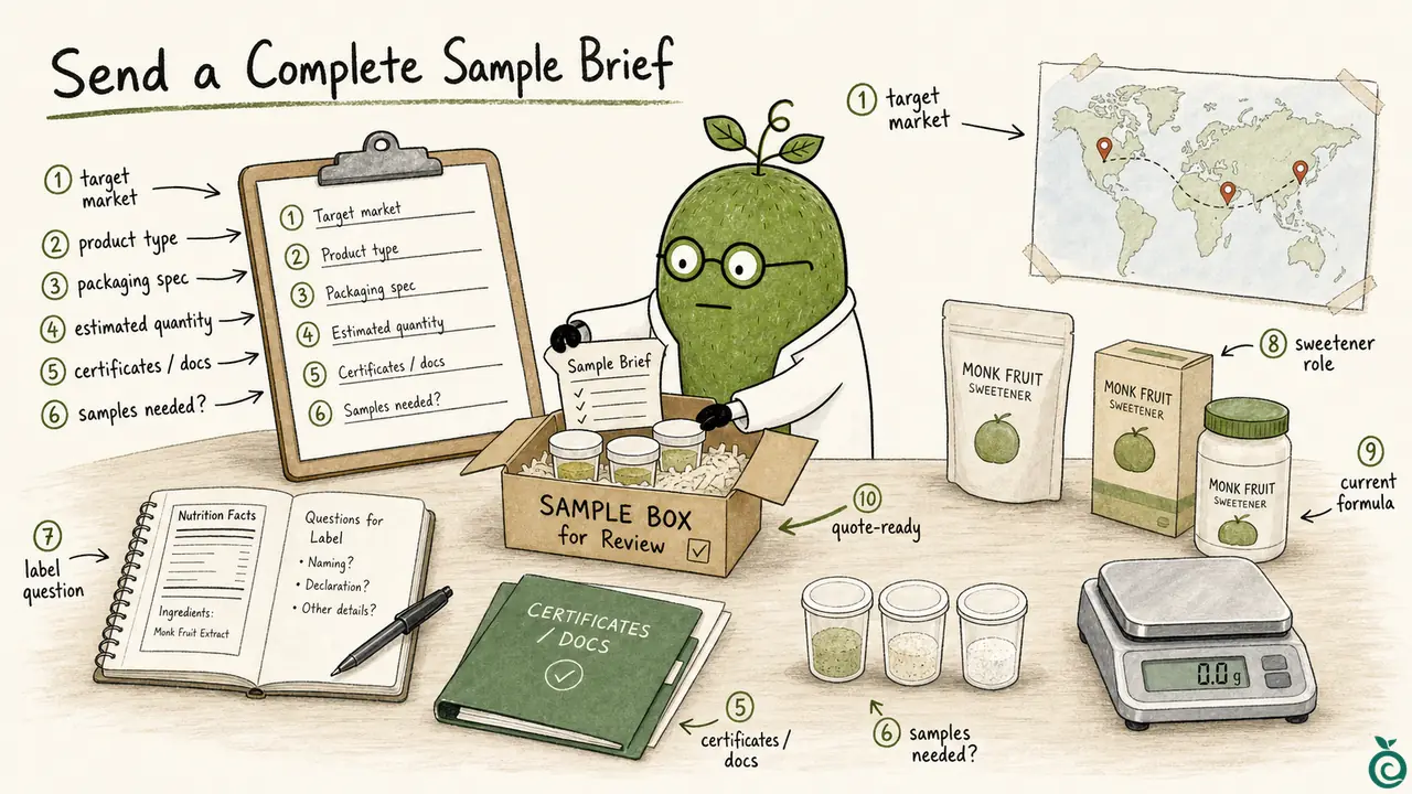Green Monk Fruit Doctor Xiaohei preparing a label-sensitive sweetener sample brief for quotation.