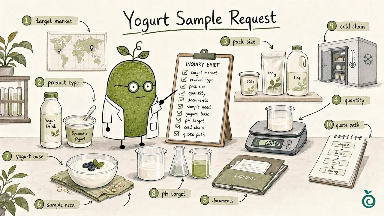 Ian Xiaohei illustration about preparing a yogurt and fermented dairy sweetener blend sample request.