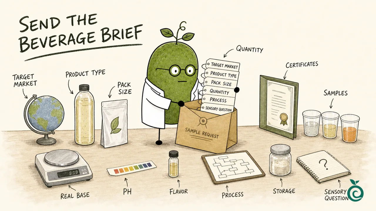 Monk Fruit Doctor organizing optional beverage-brief topics; the certificate, balance reading, pH strip and cups are schematic, not project documents, test results or a recommended dose.