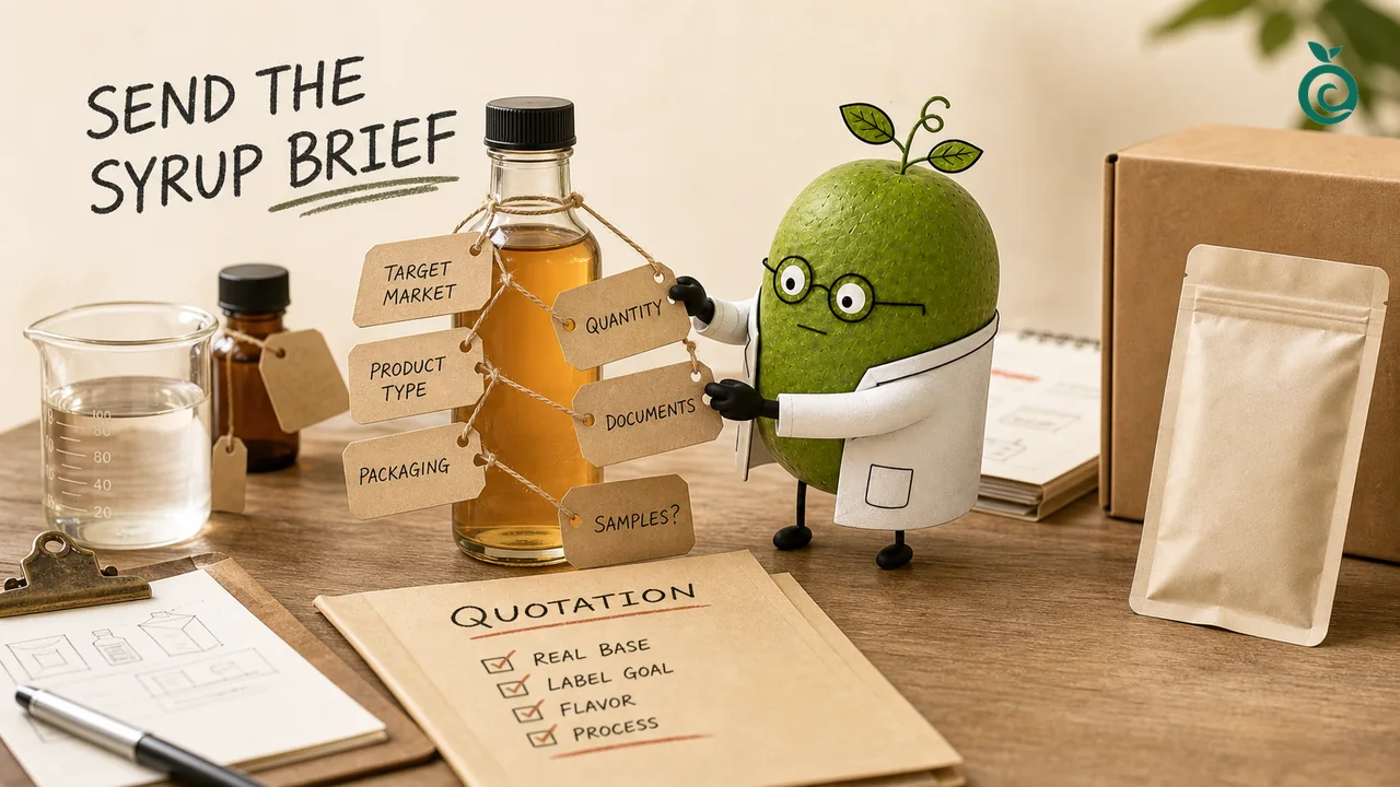 Monk Fruit Doctor organizing optional syrup-brief topics; bottles, pouch, carton, tags and quotation ticks are schematic, not confirmed formats, supplied samples or agreed quotation terms.