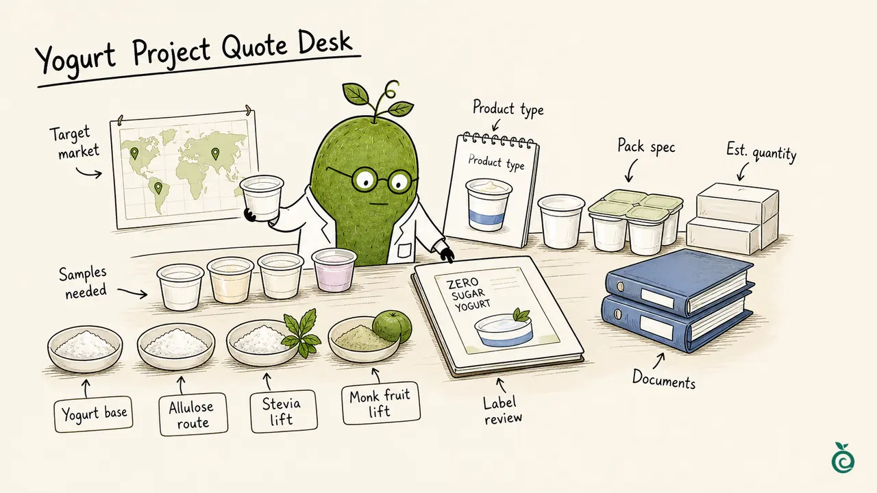Monk Fruit Doctor organizing yogurt-project topics; cups, packs, ingredient bowls and document files are schematic, not supplied samples, confirmed formats or approved labels.
