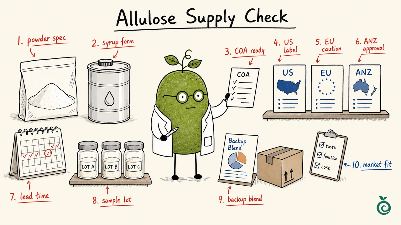Ian Xiaohei illustration about checking allulose supply, specifications, market rules and backup blend planning.