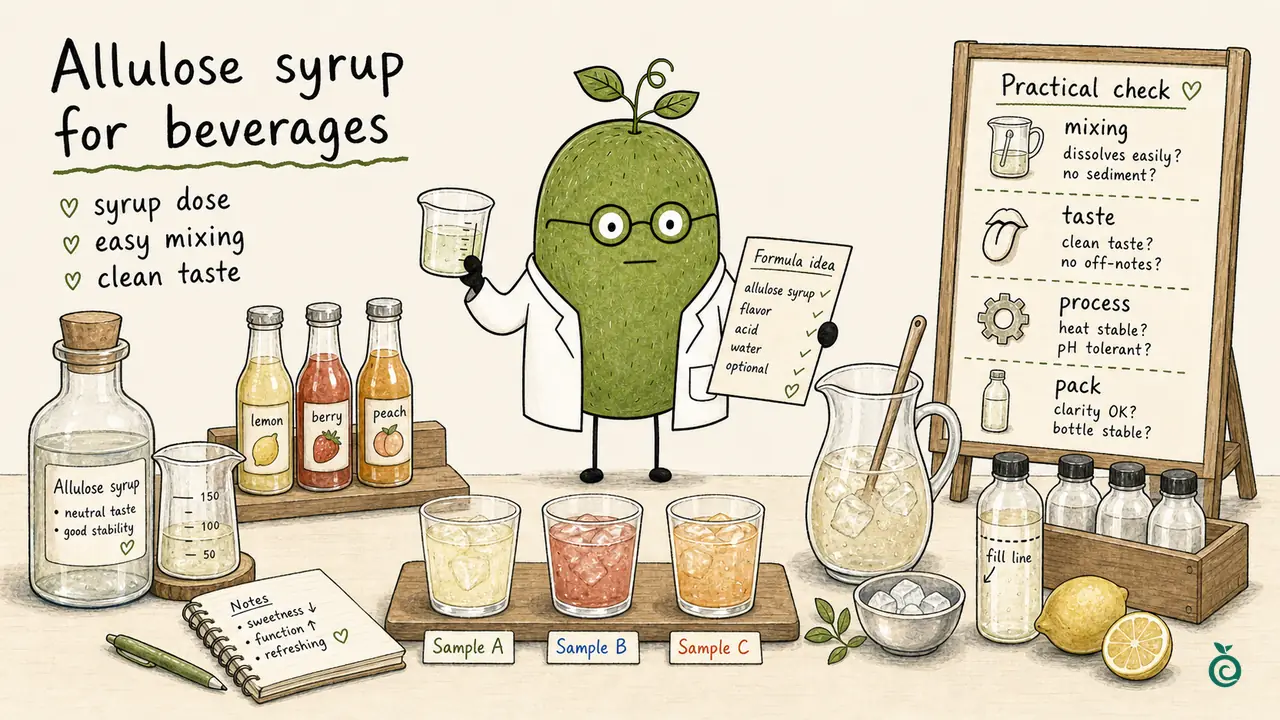 Ian Xiaohei illustration about testing allulose-based syrup sweetness, body, acid balance and beverage use before quotation.