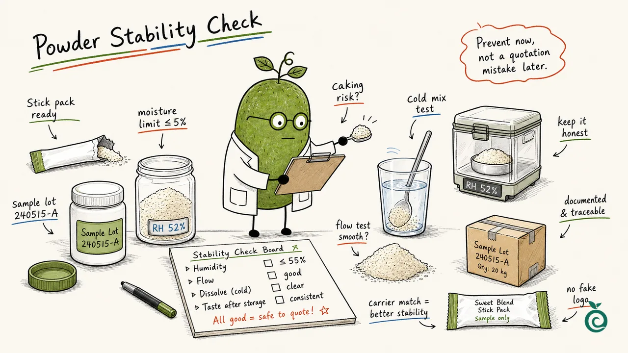 Ian Xiaohei illustration about testing beverage powder sweetener blend stability, flow, cold mixing and sample brief details.