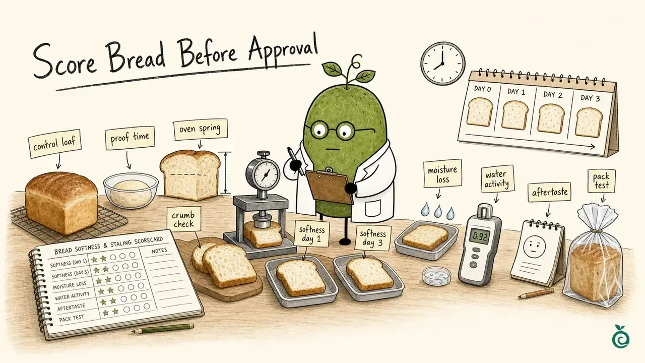 Green Monk Fruit Doctor Xiaohei illustration about a bread softness and staling scorecard for low-sugar bakery trials.