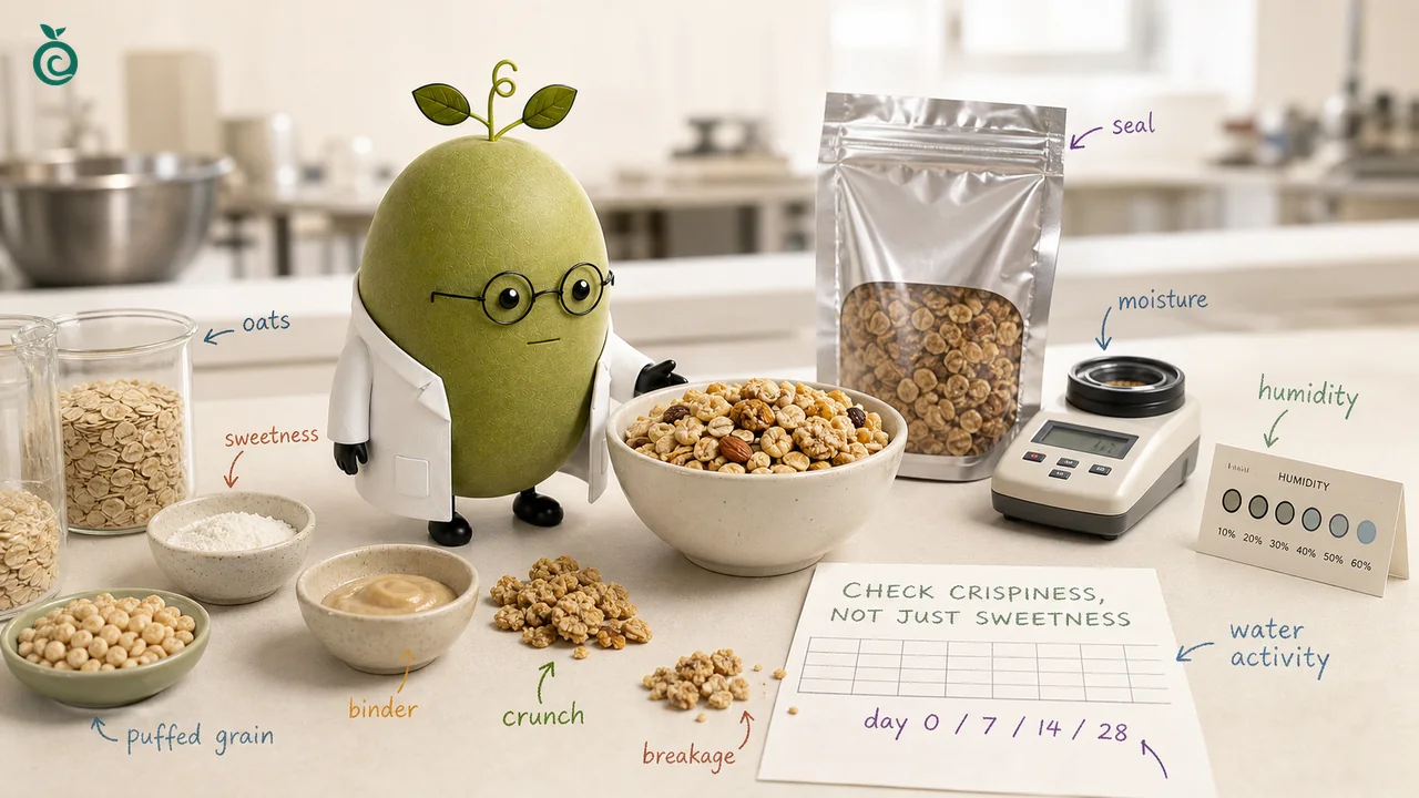 Ian Xiaohei illustration about checking breakfast cereal crispness, water activity, moisture and packaging.