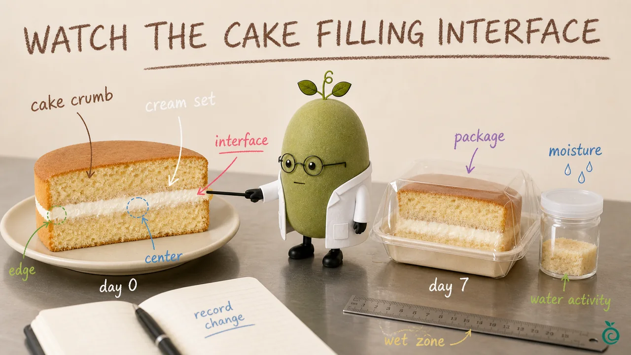 Green Monk Fruit Doctor Xiaohei comparing cake crumb, cream filling, interface moisture and storage rows on a bakery scorecard.