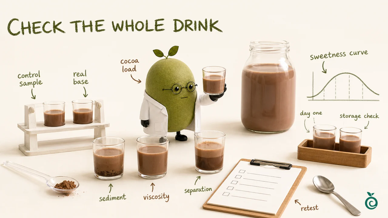 Green Monk Fruit Doctor Xiaohei checking chocolate beverage sweetness, sedimentation, viscosity and storage notes.