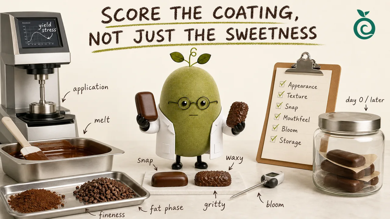 Green Monk Fruit Doctor Xiaohei comparing coating flow, fineness, melt and storage observations on a confectionery QC desk.