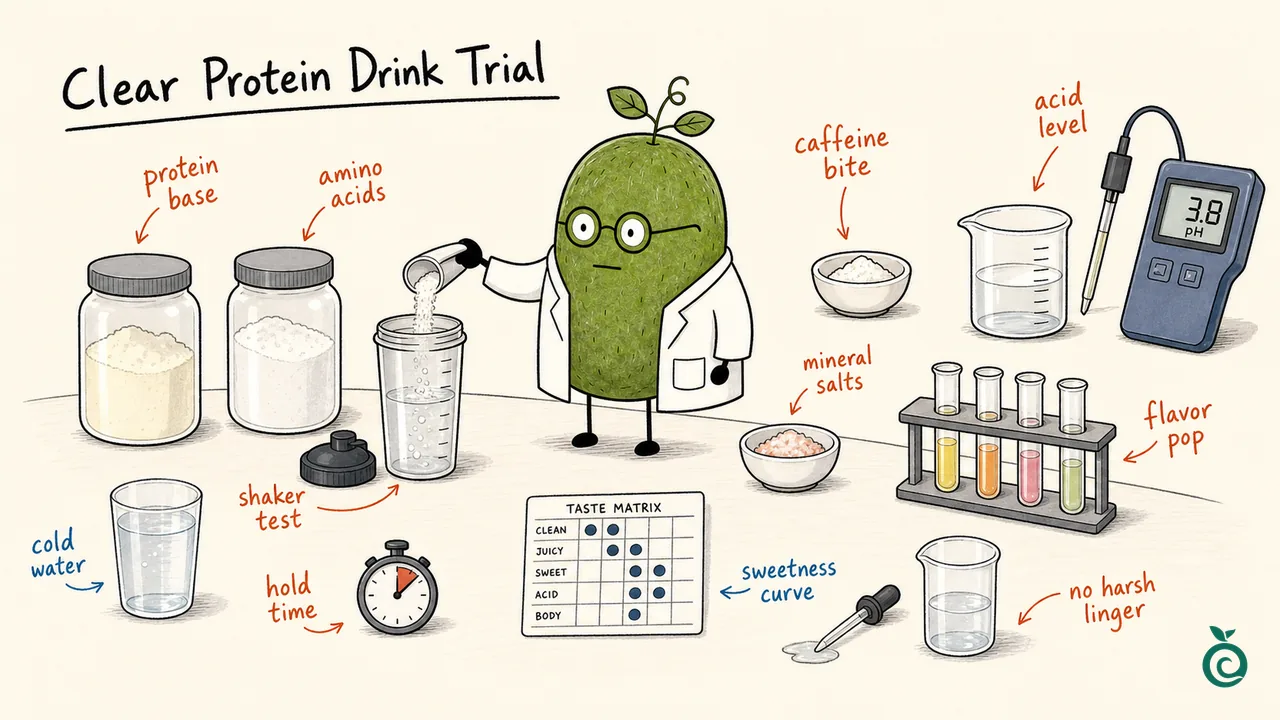 Ian Xiaohei illustration about testing sweetener blends for clear protein, amino acid and sports nutrition drinks.