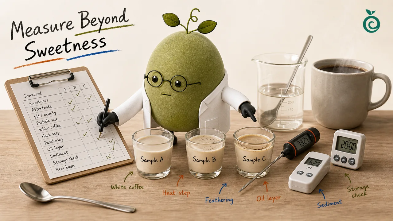 Green Monk Fruit Doctor Xiaohei recording sweetness, acidity, particle size, heat and flocculation checks on a coffee-creamer scorecard.