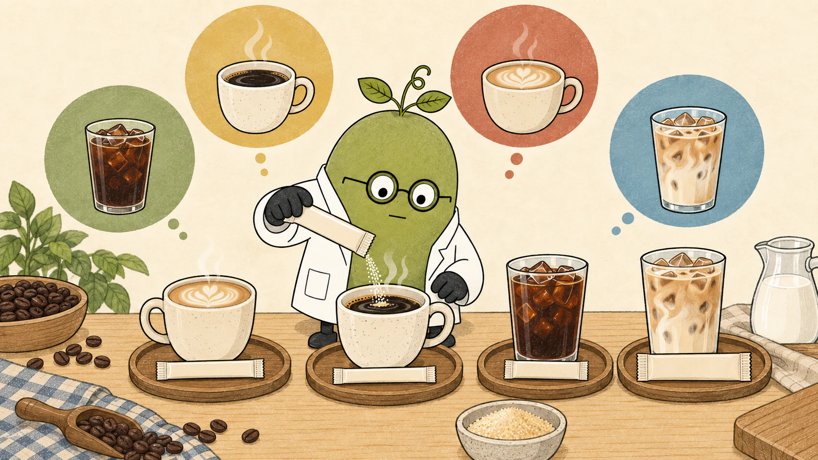 Monk Fruit Doctor illustration: Coffee Sweetener Packets: 5 g at 3× or 2 g at 5× for One Cup
