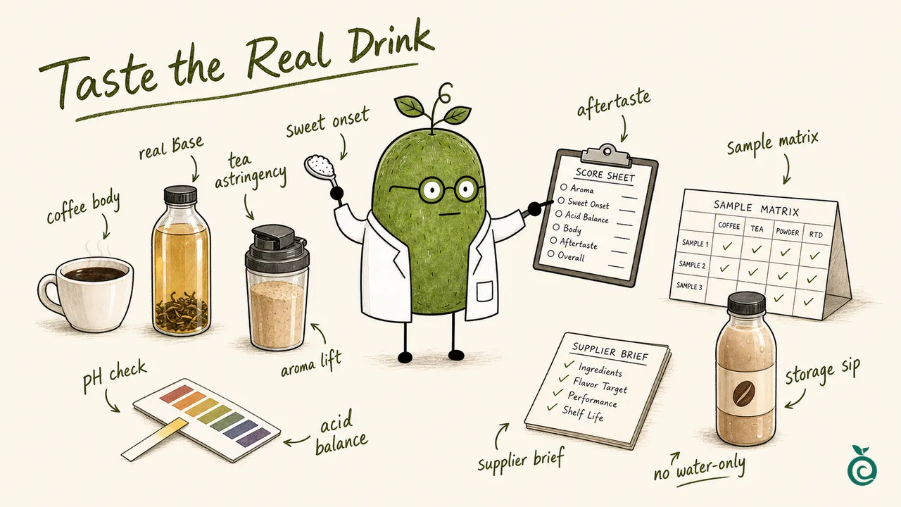 Ian Xiaohei illustration about natural sweetener sensory testing for coffee, tea, beverage powders and RTD drinks.